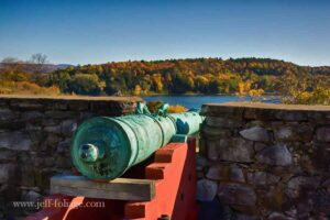 view of fall foliage from Fort Ticonderoga on the New York side of Lake Champlain