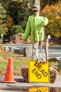 a skeleton indicates a dead-end or maybe the end of fall foliage for the season