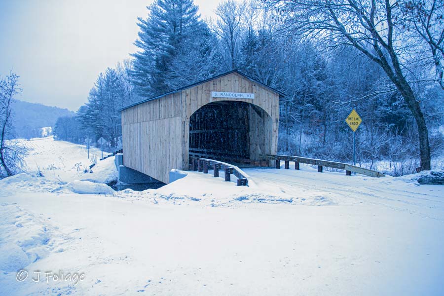The Kingsbury Covered Bridge on a snowy winter day