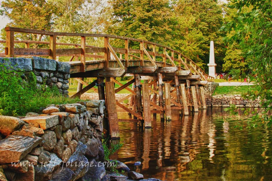 New England fall foliage over the Old North Bridge in Concord