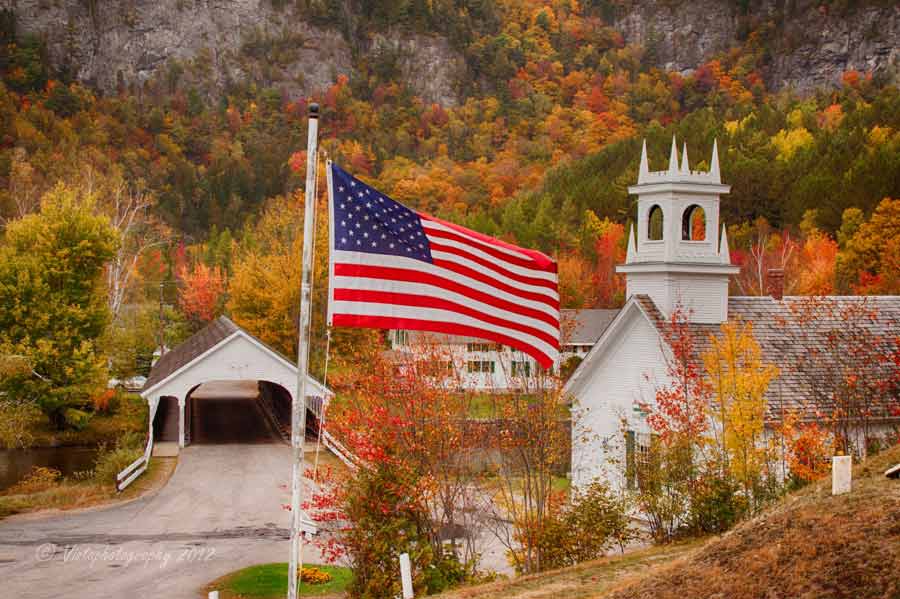 1 October fall colors at the Stark New Hampshire covered bridge and church