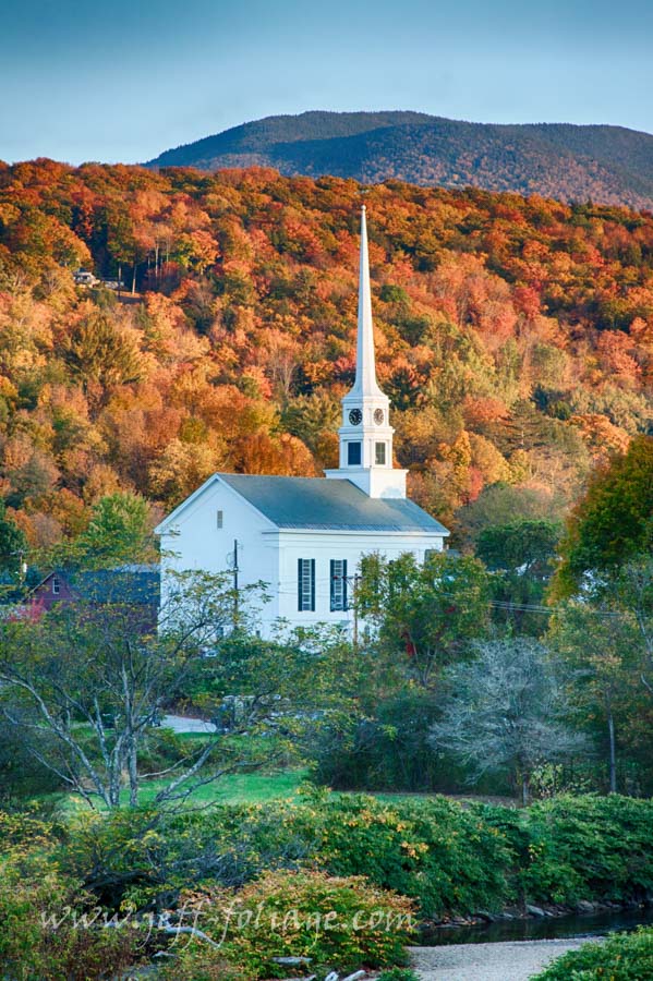 Vertical stowe church in fall colors