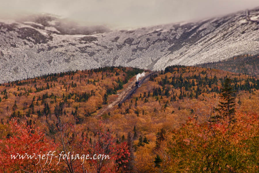Snowliage as the Cog Rail engine coming down off Mount Washington from the ice to the fall colors