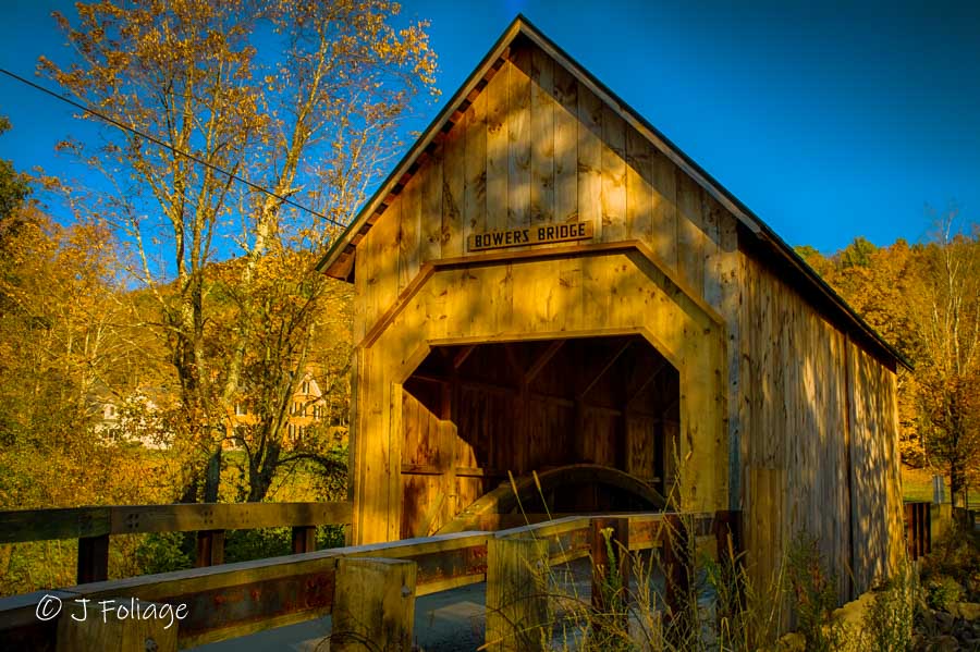 Bowers covered bridge in early morning sunlight.