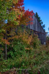 rustic barn on a dirt road in autumn