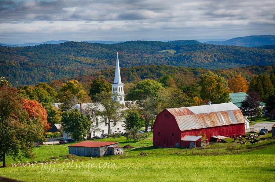 The Peacham view of the church and red barns