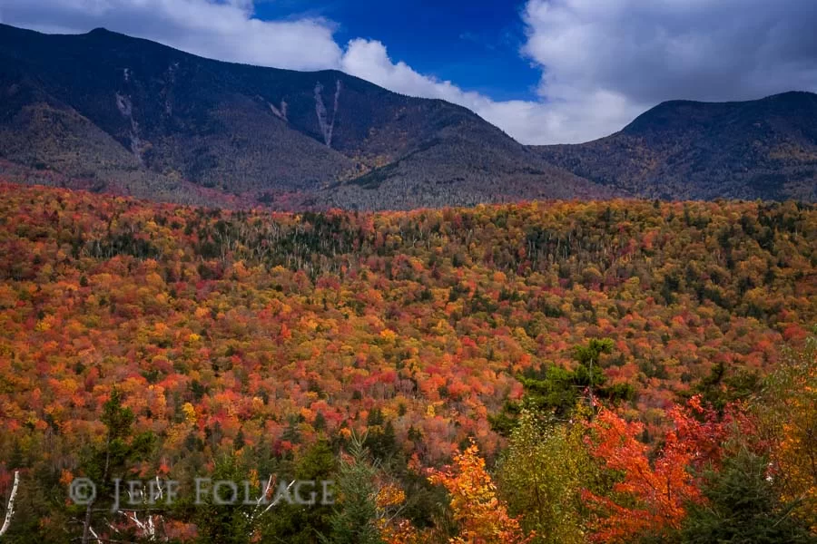 Peak fall colors on the hills above the Kancamagus Highway