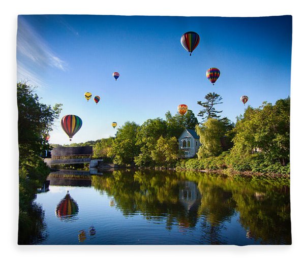 Hot air balloons over the Quechee covered bridge on fleece blanket