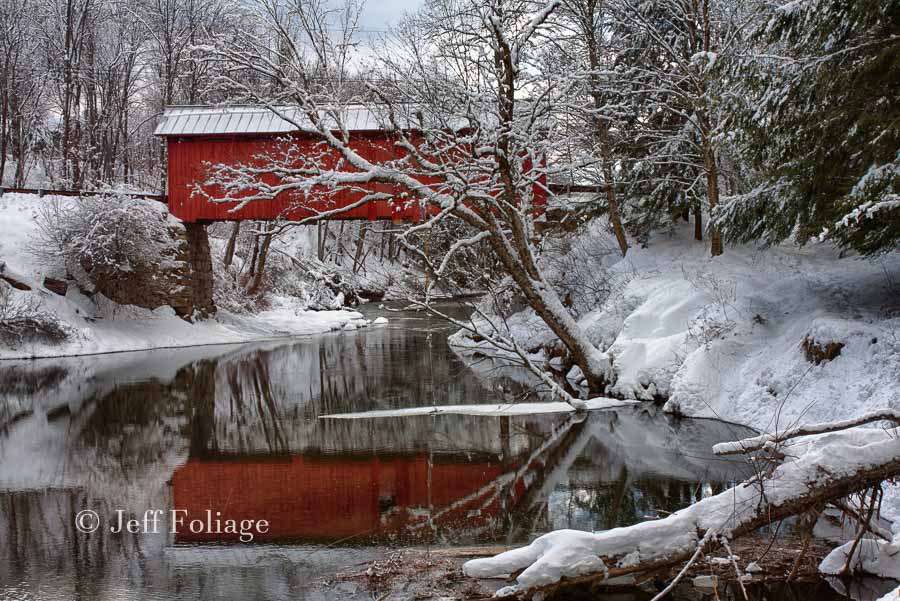 winter snow at the Slaughterhouse covered bridge