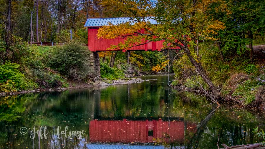 Slaughterhouse covered bridge reflection in autumn
