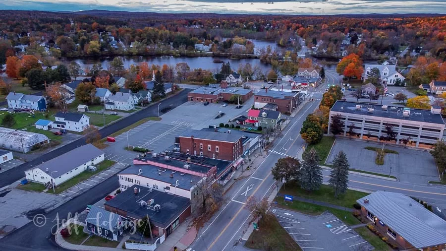 Main street through Pittsfield Maine by drone