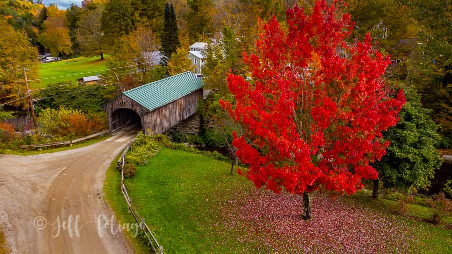village covered bridge in waterville vermont with a bright red maple tree to the right of it
