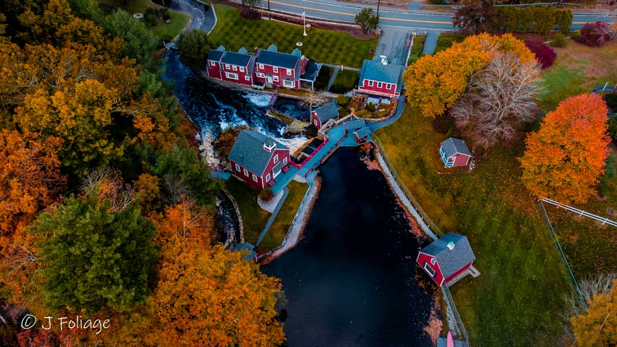 Aerial drone image of the Millstream in Chelmsford Mass on an autumn day