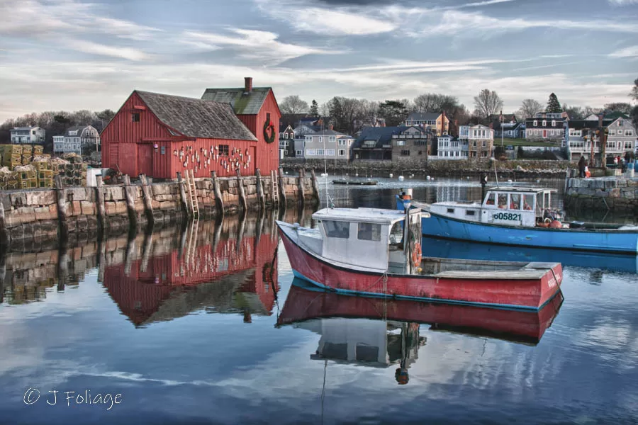 Rockport massachusetts at Motif #1 with a mirror like reflection at Christmas