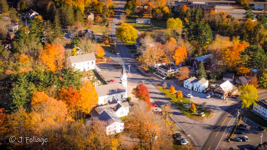 drone view of Alfred Maine on an autumn afternoon before sunset