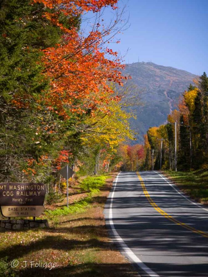 View of Mount Washington from Base Station Rd in New Hampshire fall colors