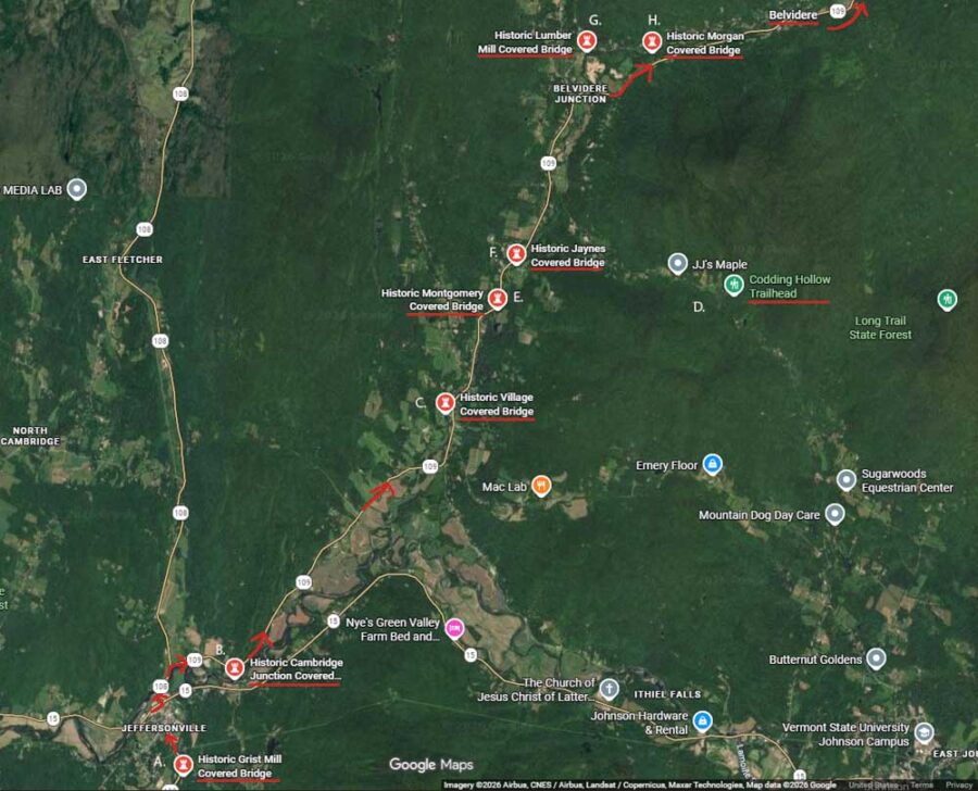 North of Stowe Vermont map of 7 covered bridges