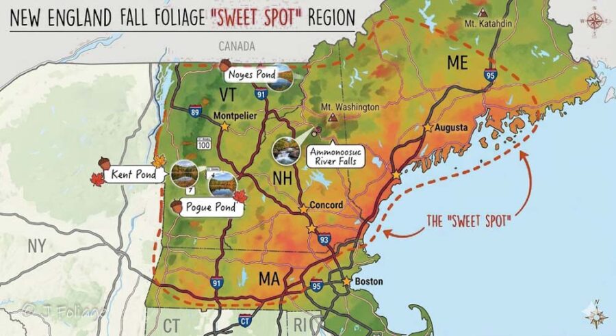 the sweet spot map for the fall foliage from 7 Oct to 15 October