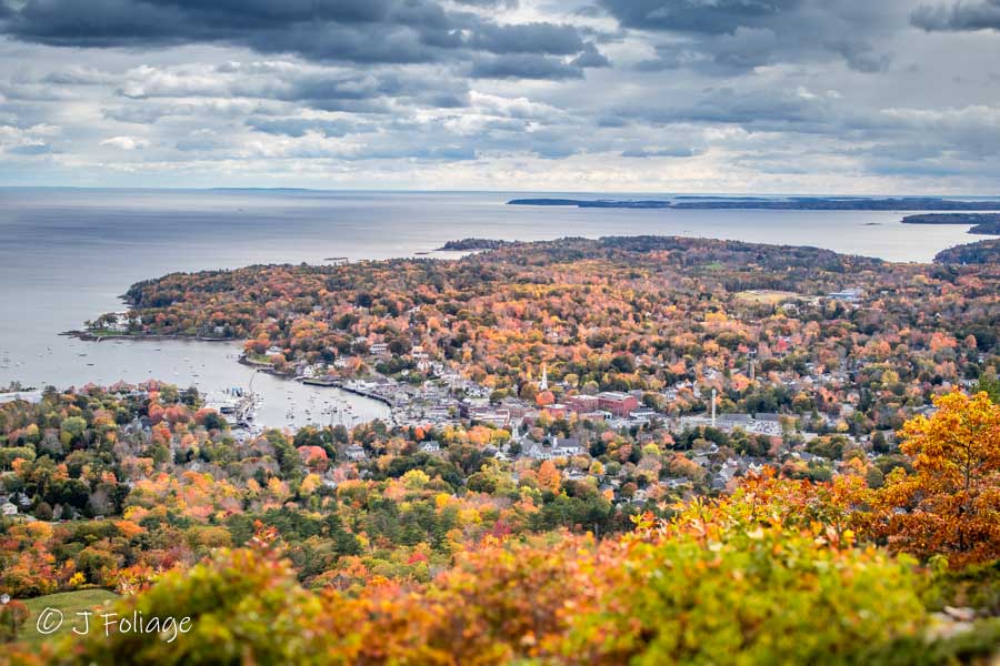 Camden Maine as seen in the fall colors from mount Battie