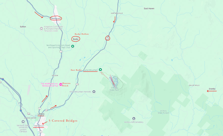 A google map screen capture of Burke Vermont. detailing the roads and towns