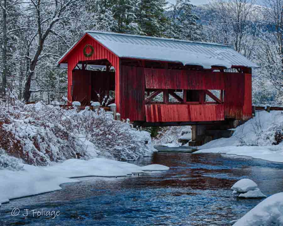 winter covered bridge photography