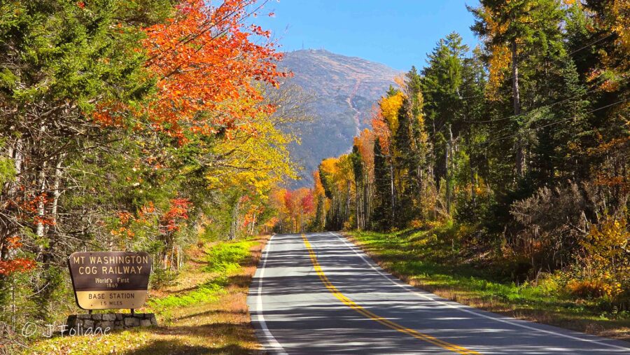 the view of Mount Washington framed by the roadside color of Base Station Rd.