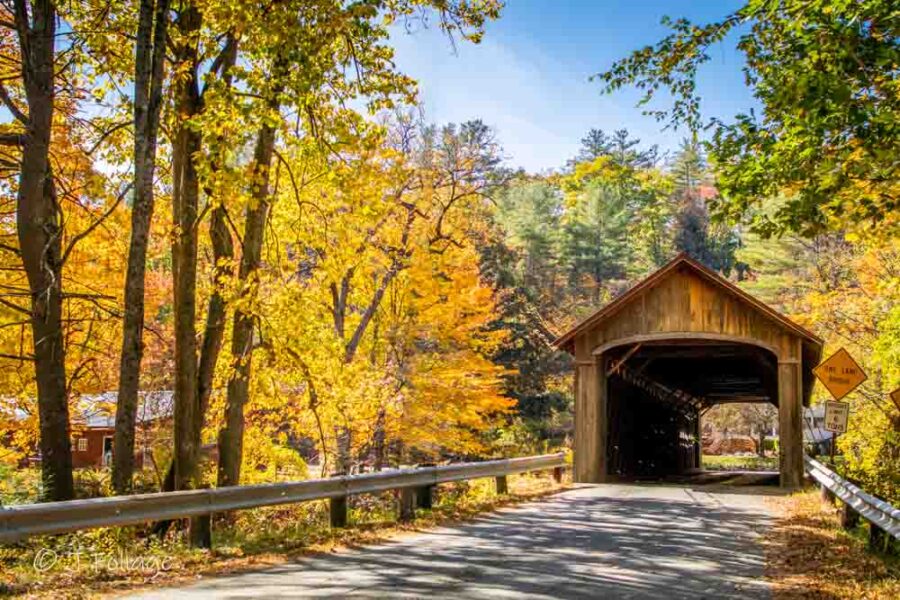 Weathered wood Coombs Covered Bridge in Winchester NH surrounded by a golden canopy of fall leaves.