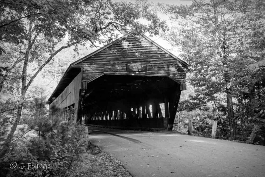 Albany Covered Bridge (B&W): Dramatic black and white photograph of the Albany Covered Bridge highlighting the textures of the wood and the winter landscape.