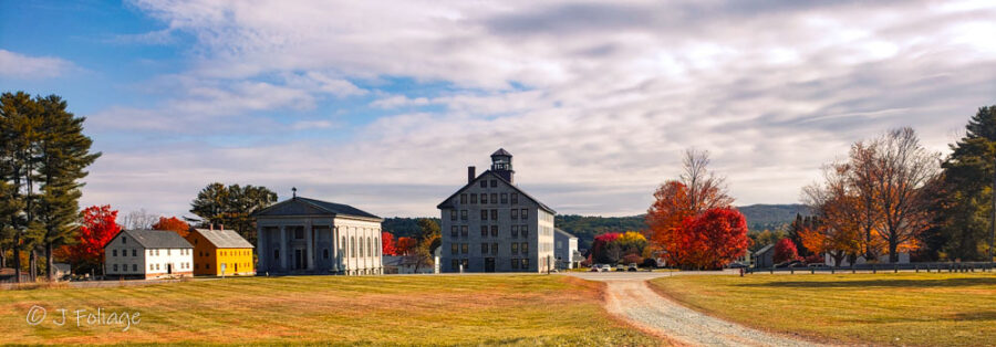 Enfield Shaker Village Great Stone Dwelling architecture and fall foliage