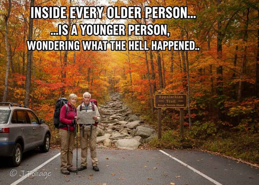 AI generated image of an older couple looking dubiously at a map with a difficult trail in front of them and wondering when they got so old.